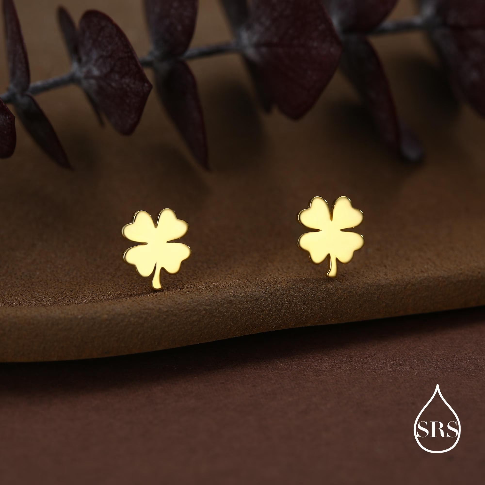 Four Leaf Clover Stud Earrings in Sterling Silver, Irish Earrings, Silver Gold or Rose Gold