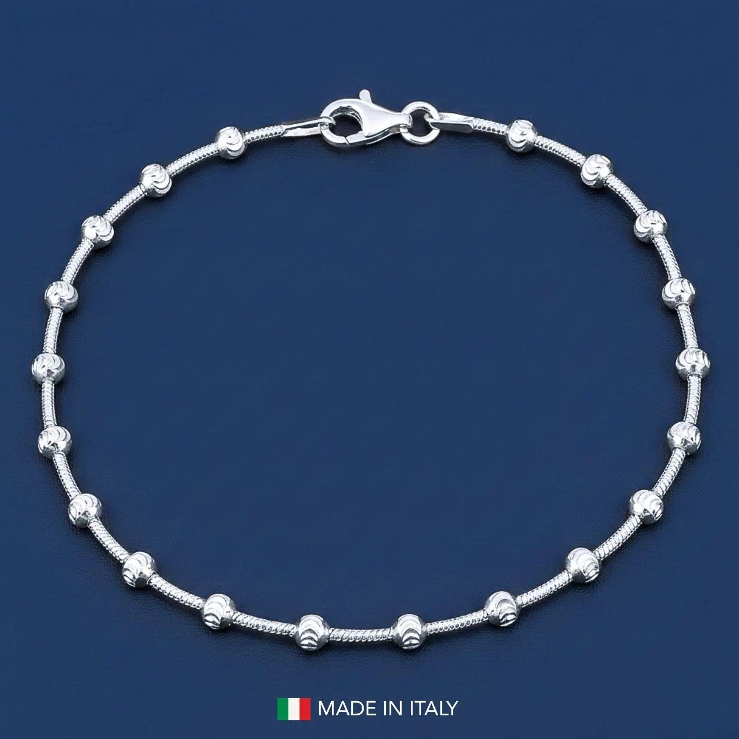 Illuminate Your Style with a 925 Sterling Silver Diamond Cut Moon Beaded Ball Station Bracelet - Italian Craftsmanship, 7-7.5 Inch.