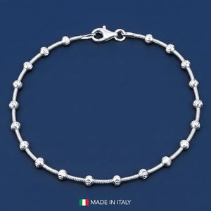 Illuminate Your Style with a 925 Sterling Silver Diamond Cut Moon Beaded Ball Station Bracelet - Italian Craftsmanship, 7-7.5 Inch.