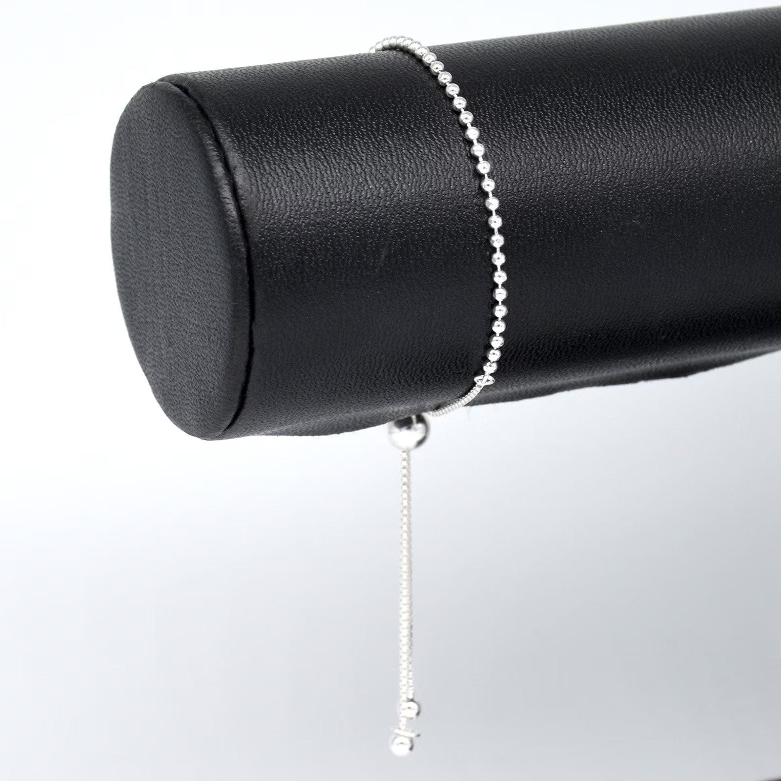 Elegant Sterling Silver Adjustable Minimalist Slider Bracelet with 2mm Beads for Women.