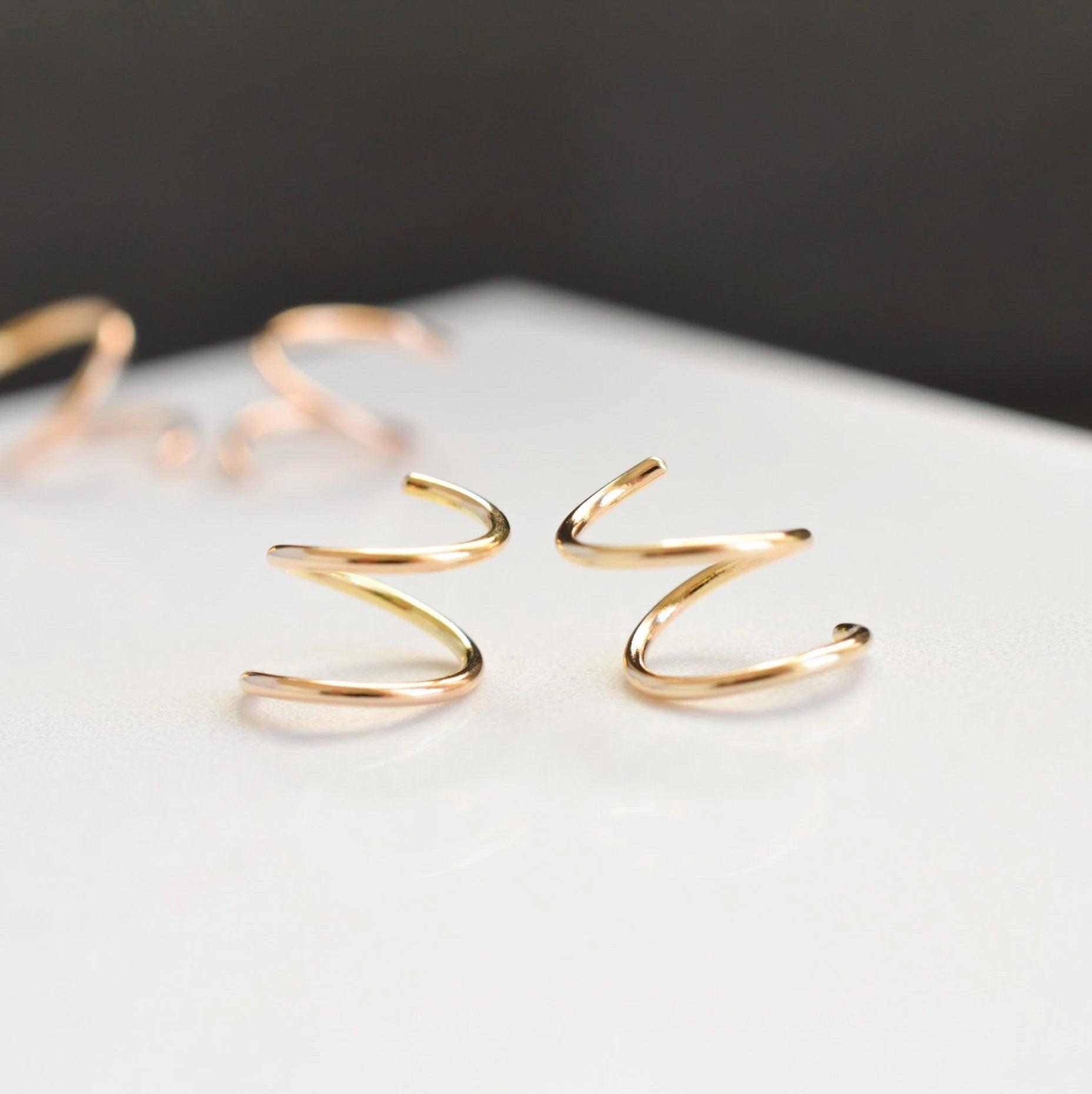 Elegant 14K Solid Gold Spiral Threader Earrings - Perfect Double Hoop Huggie Design for Sensitive Ears.