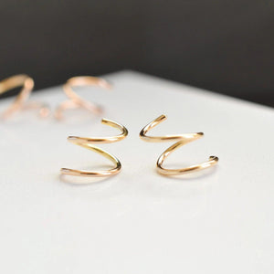 Elegant 14K Solid Gold Spiral Threader Earrings - Perfect Double Hoop Huggie Design for Sensitive Ears.