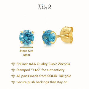 14K Gold Birthstone Stud Earrings with Butterfly Pushbackings, CZ Gemstone Studs, 5Mm, by TILO Jewelry