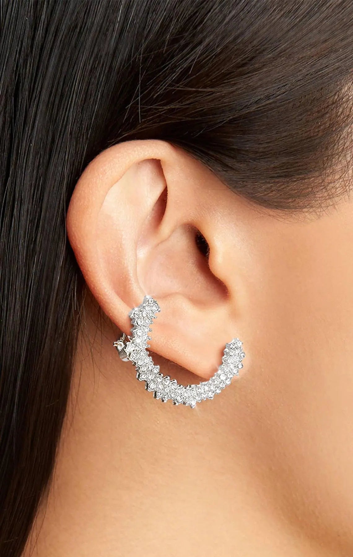Crescent Cubic Zirconia Ear Cuff: Silver Party Earrings