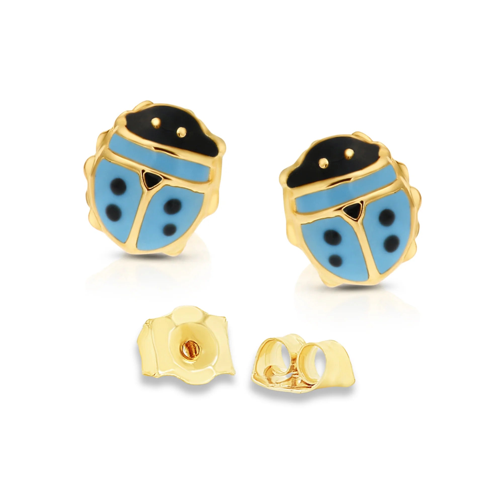 14K Yellow Gold Small Ladybug Stud Earrings, Pushback Studs by