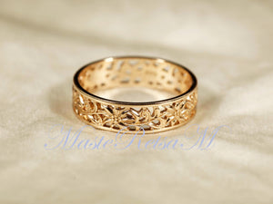 ZP160- Handmade Sterling Silver Openwork Pattern Floral Ring: 18K Gold Vermeil Vintage Band