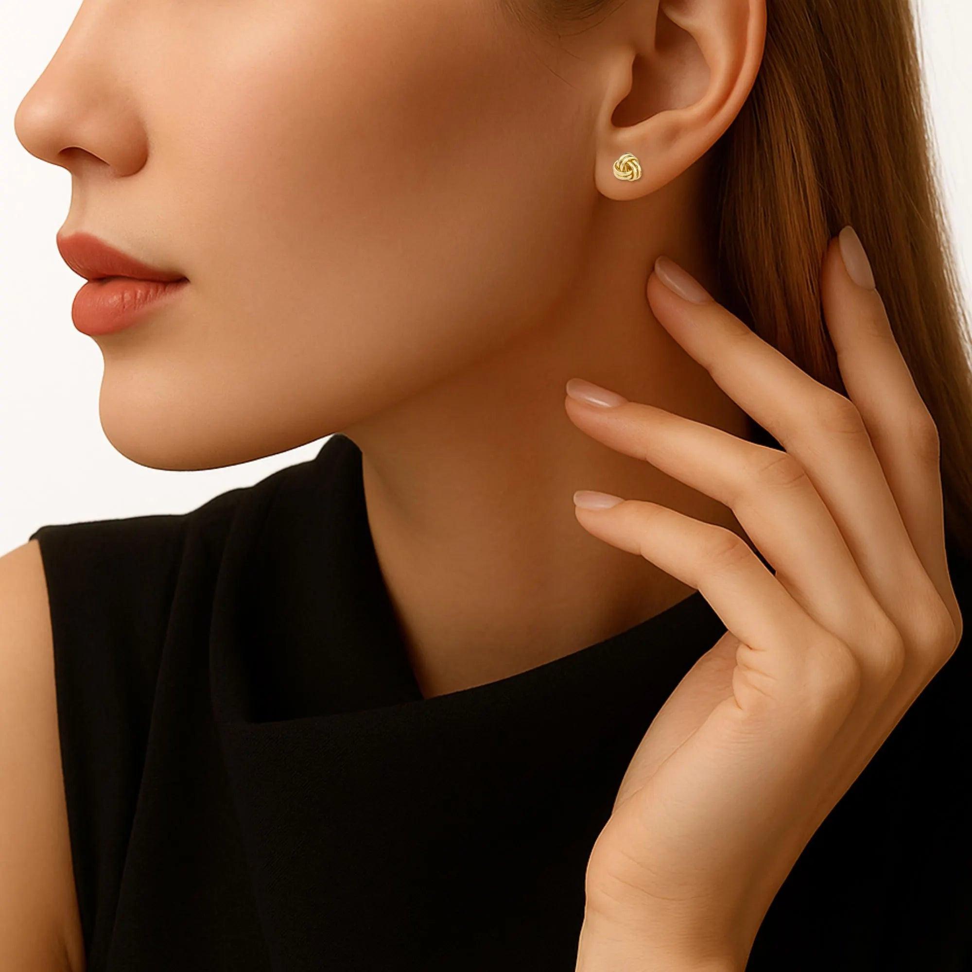 14K Solid Gold Love Knot Stud Earrings - 7mm Polished Design for Love and Unity.