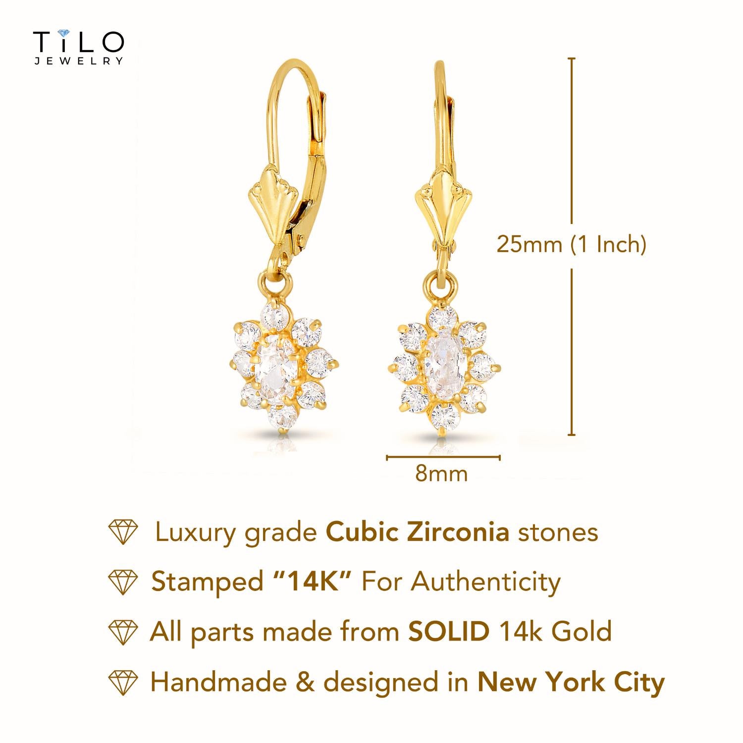 14K Yellow Gold Flower Dangle Earrings with Leverbacks, Diamond April Birthstone, 1 Inch Tall, Fancy Drop Earrings, by TILO Jewelry