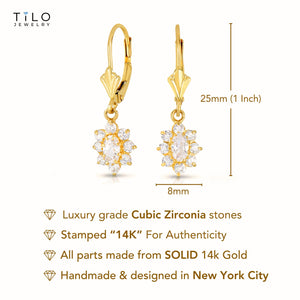 14K Yellow Gold Flower Dangle Earrings with Leverbacks, Diamond April Birthstone, 1 Inch Tall, Fancy Drop Earrings, by TILO Jewelry