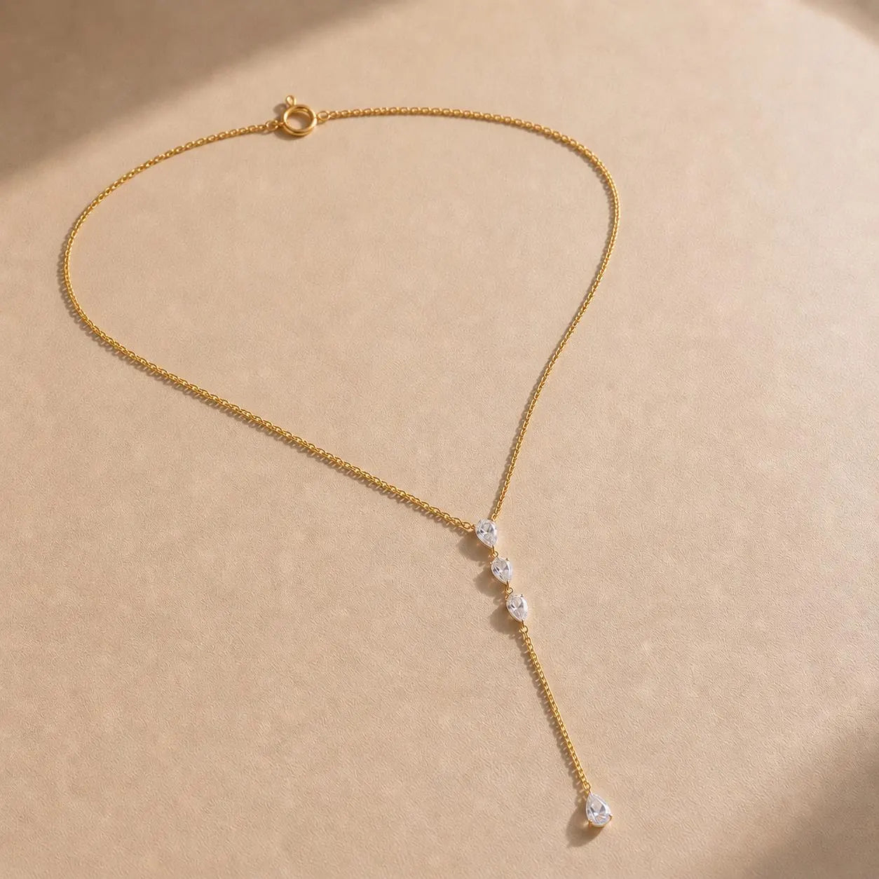 14K Solid Gold 4 Pear Diamond Lariat Necklace, Minimalist Y Drop Necklace, Teardrop Dainty Diamond Jewellery, Gift for Her, DANGLING CARAT