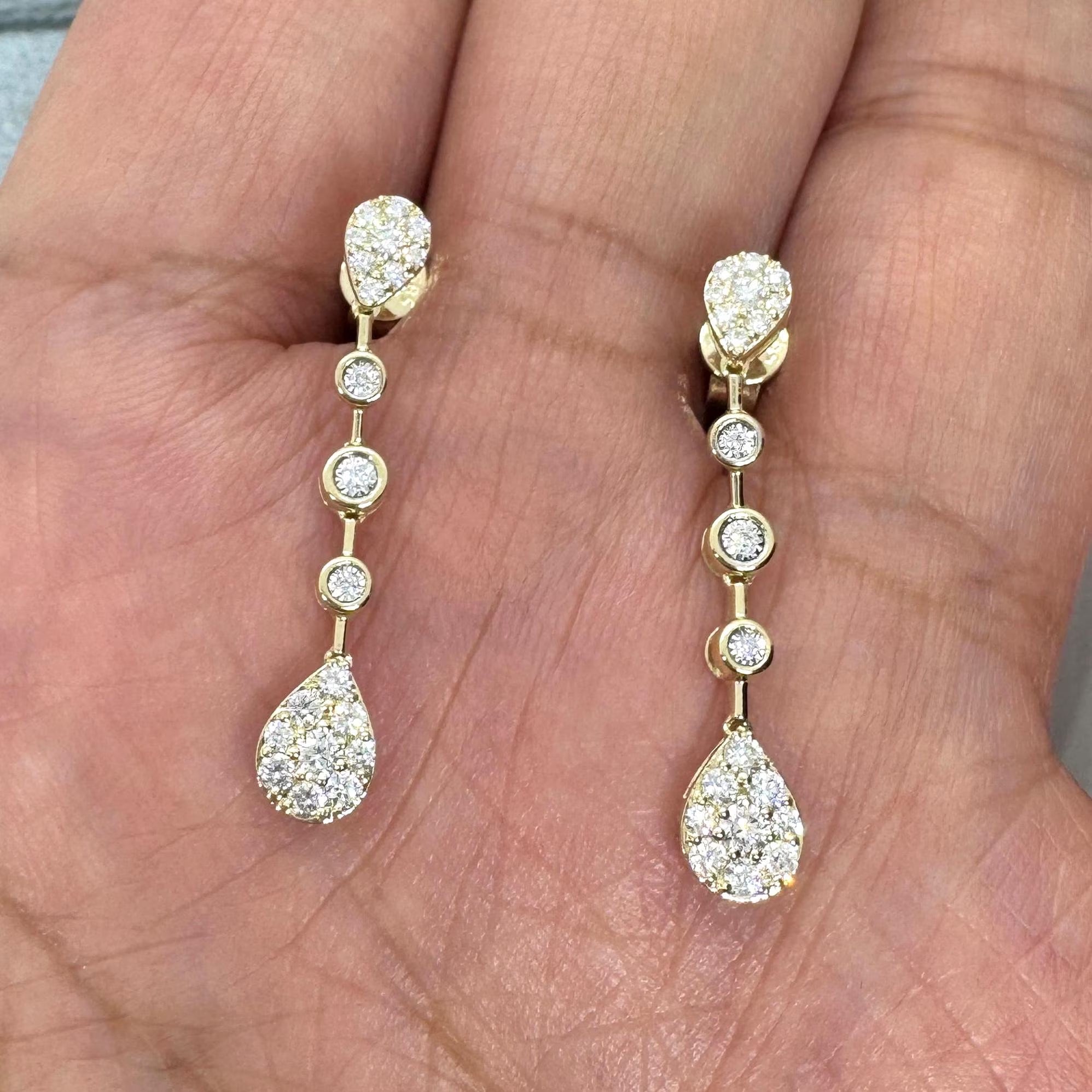 Linear Diamond Dangle Earrings, Dangling Pear Drop Diamond Earrings, 14K Yellow Gold Diamond Drop Earrings