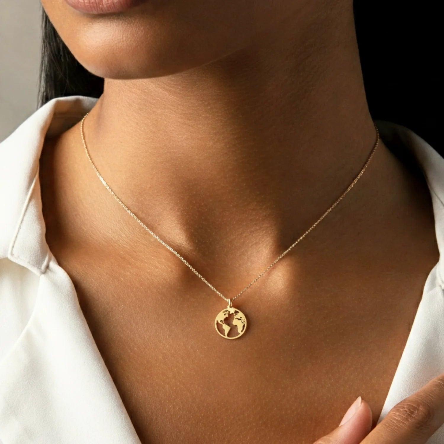 Elegant 14K Yellow Gold World Map Pendant Necklace.