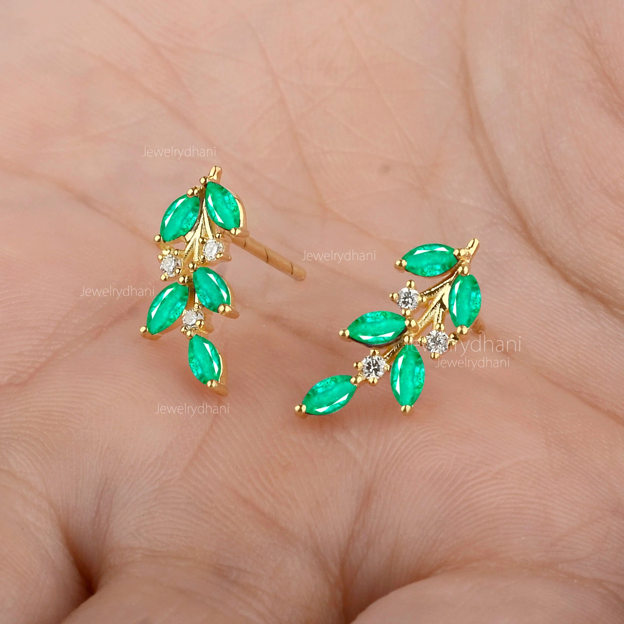 Emerald Leaf Climber Earrings: 18K Gold Diamond Cuff, Handmade