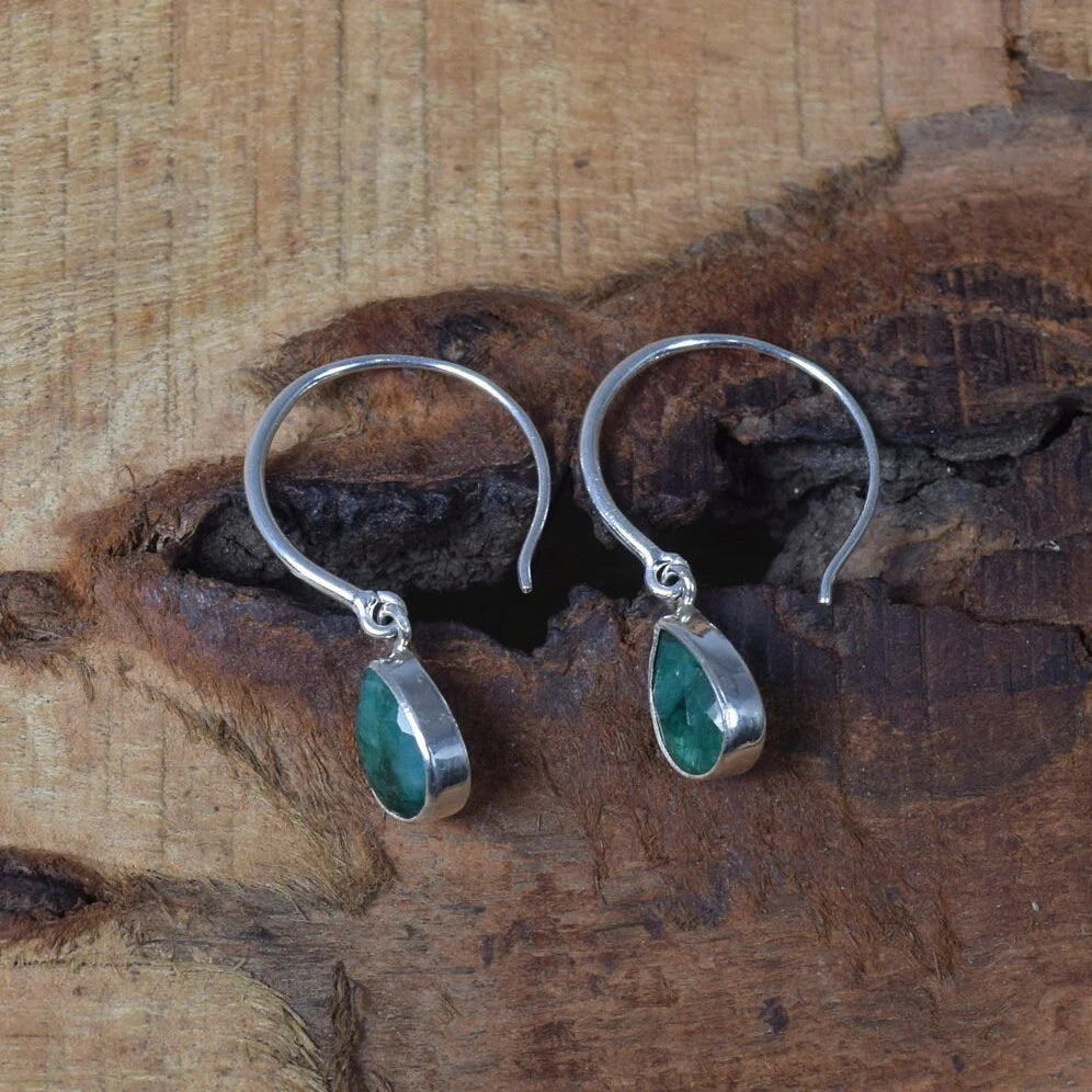 Emerald Hoop Earrings: 925 Sterling Silver Pear Drop, May Birthstone