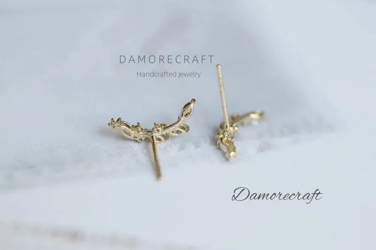 Dainty Olive Leaf Post Studs Ear Climber 14K Gold Plated 925 Silver Leaf Studs Cramler Branches Crystal Climber Earrings