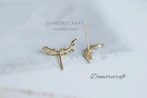 Dainty Olive Leaf Post Studs Ear Climber 14K Gold Plated 925 Silver Leaf Studs Cramler Branches Crystal Climber Earrings