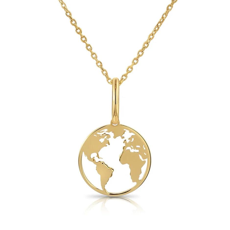 Elegant 14K Yellow Gold World Map Pendant Necklace.