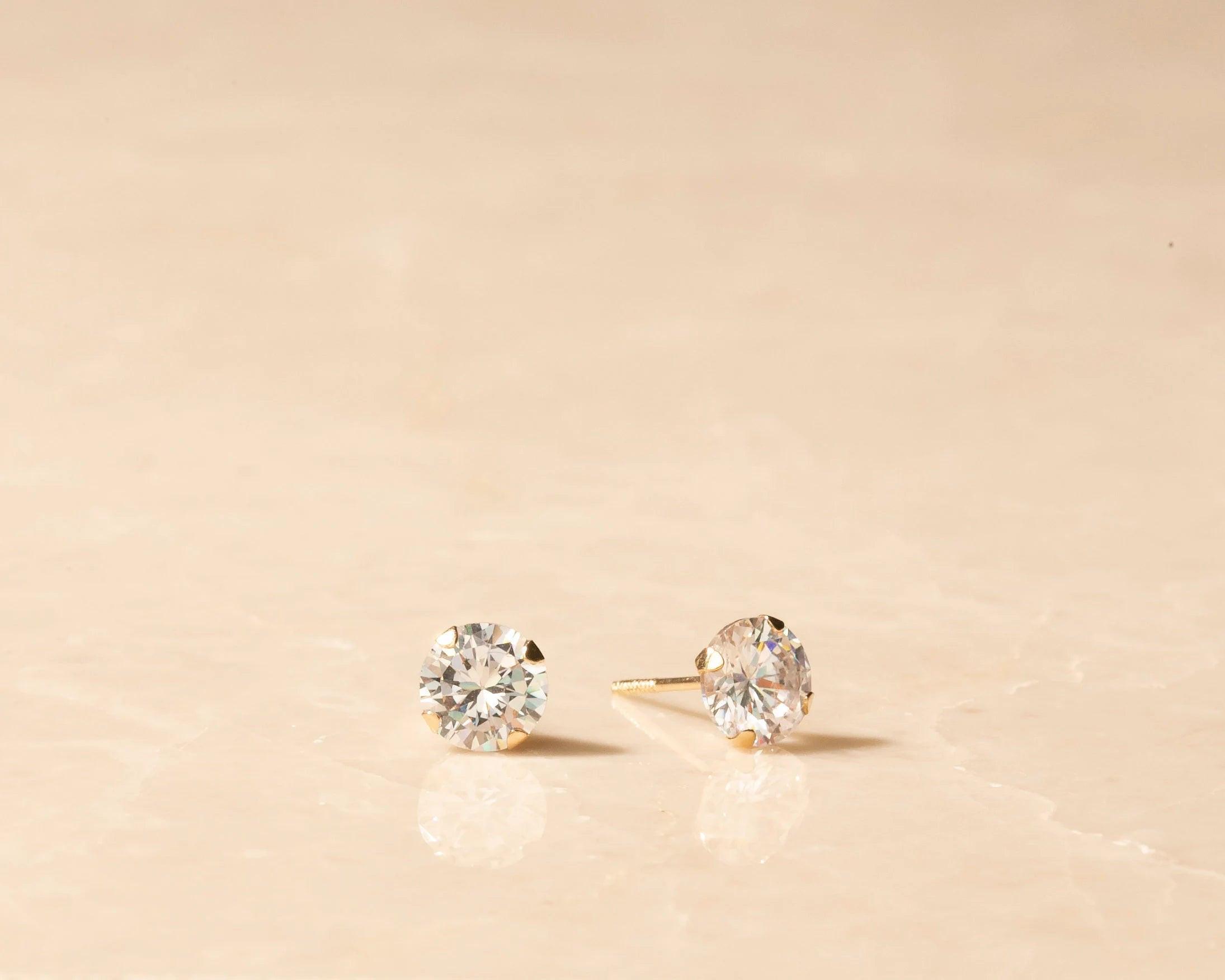 Dainty 14K Solid Gold Tiny Round CZ Diamond Screw Back Stud Earrings.