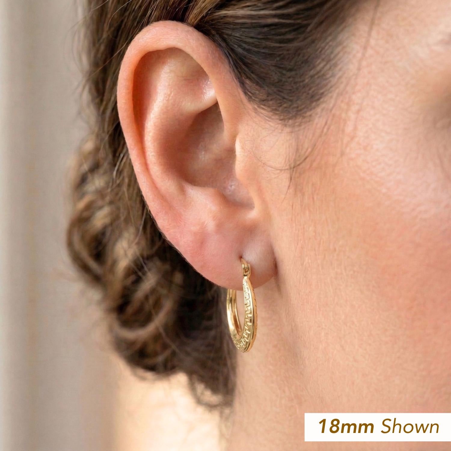 14K Yellow Gold Greek Key Curved round Creole Hoops Earrings, Secure Latch-Back Designer Hoops, by TILO Jewelry