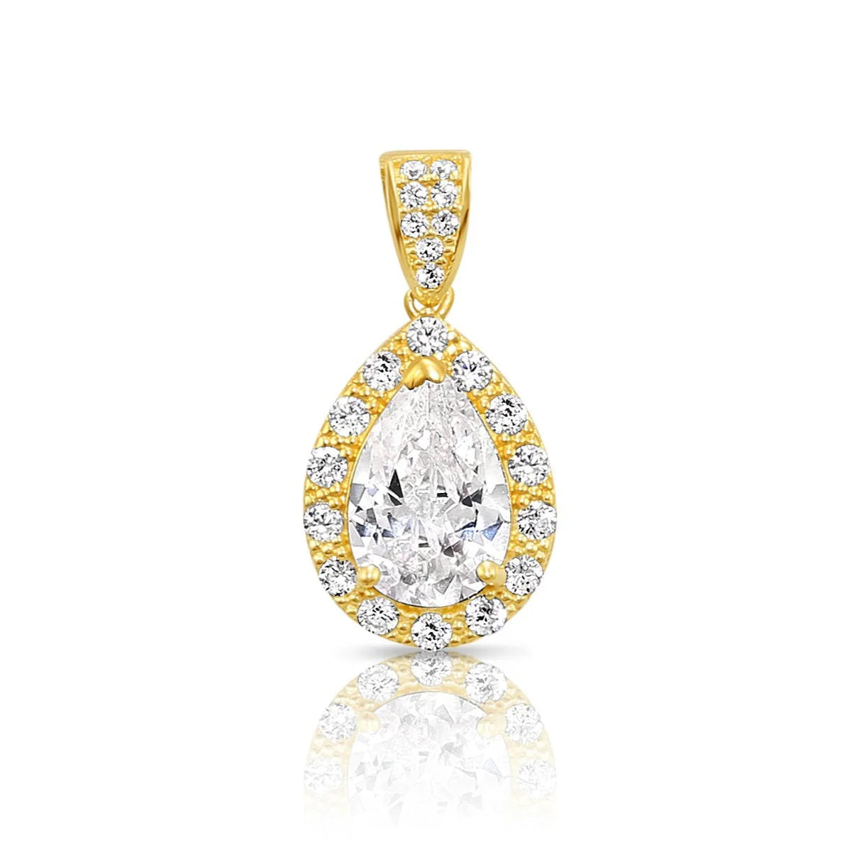 14K Yellow Gold Pear Pendant Necklace, Teardrop Halo CZ Pendant