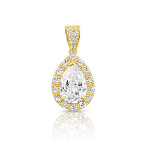 14K Yellow Gold Pear Pendant Necklace, Teardrop Halo CZ Pendant