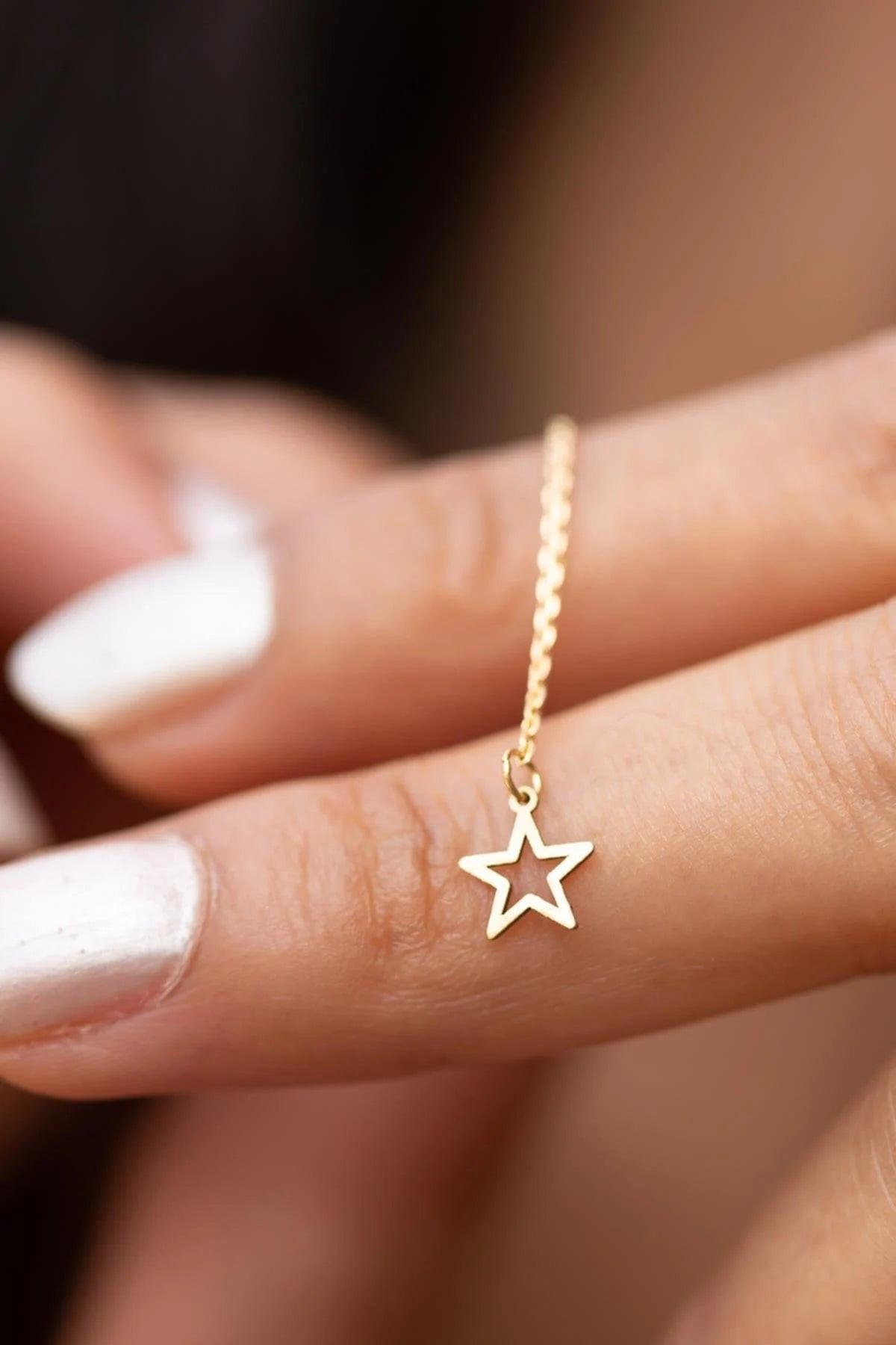 Dainty 14K Solid Gold Star Threader Earrings – Elegant Long Chain Sparkle for Any Occasion.
