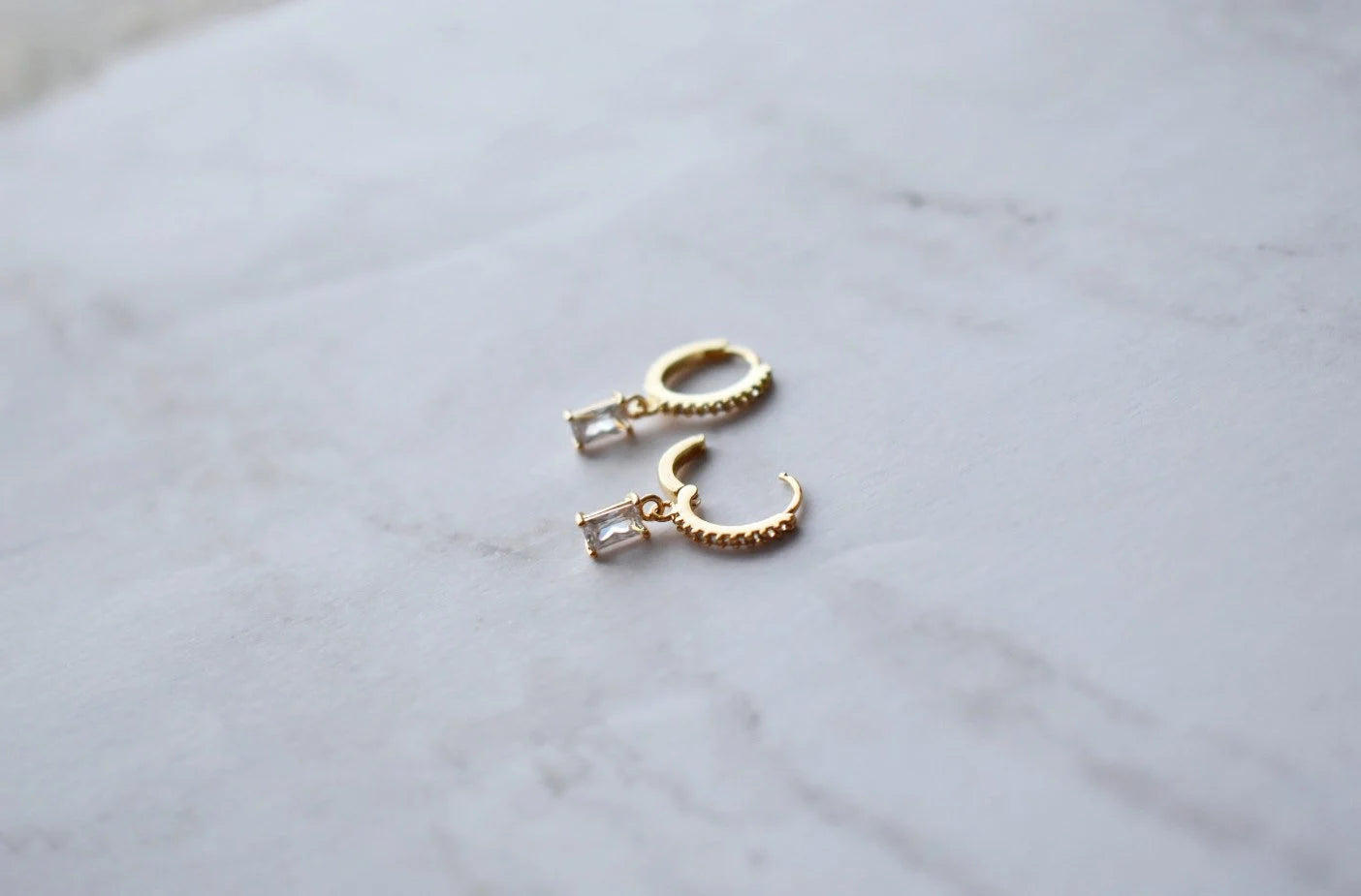 Gold Baguette Earrings, Baguette Dangle Hoops, Emerald Cut Dangle Earrings, Silver Diamond Simulant Huggie Earrings, Crystal Drop Earrings