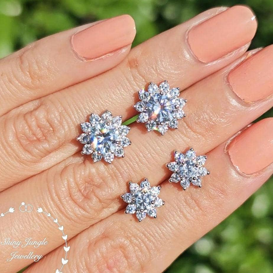 Diamond Stud Earrings, Flower Halo Diamond Simulant Studs, 14K White Gold and Rose Gold Plated Sterling Silver, Christmas Gift with Box