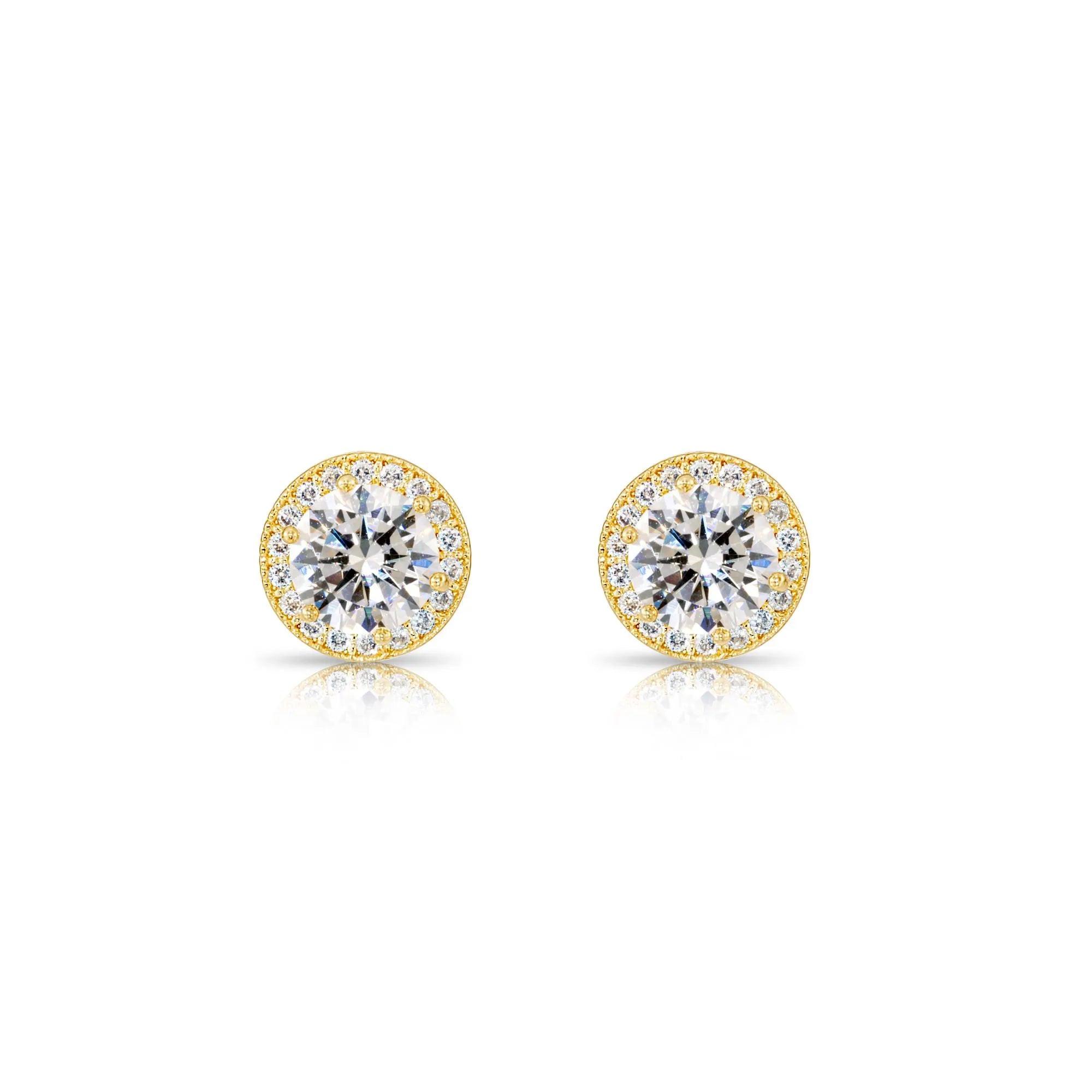 Stunning 10K Yellow Gold Large Round Cubic Zirconia Halo Stud Earrings.