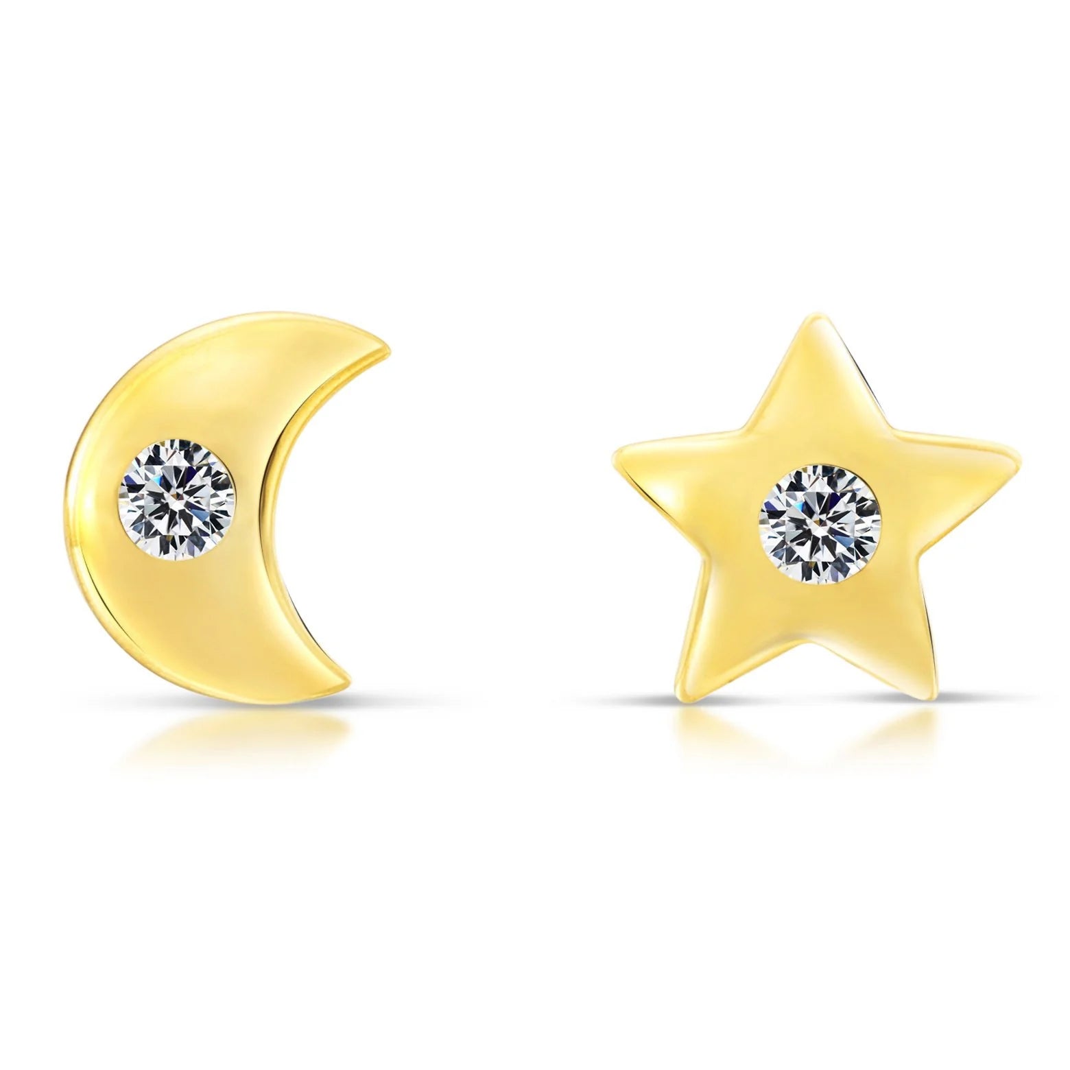 10K Yellow Gold Star and Moon Stud Earrings