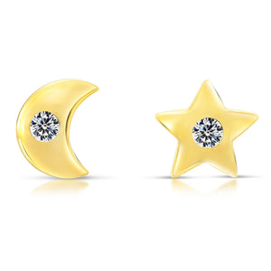 10K Yellow Gold Star and Moon Stud Earrings