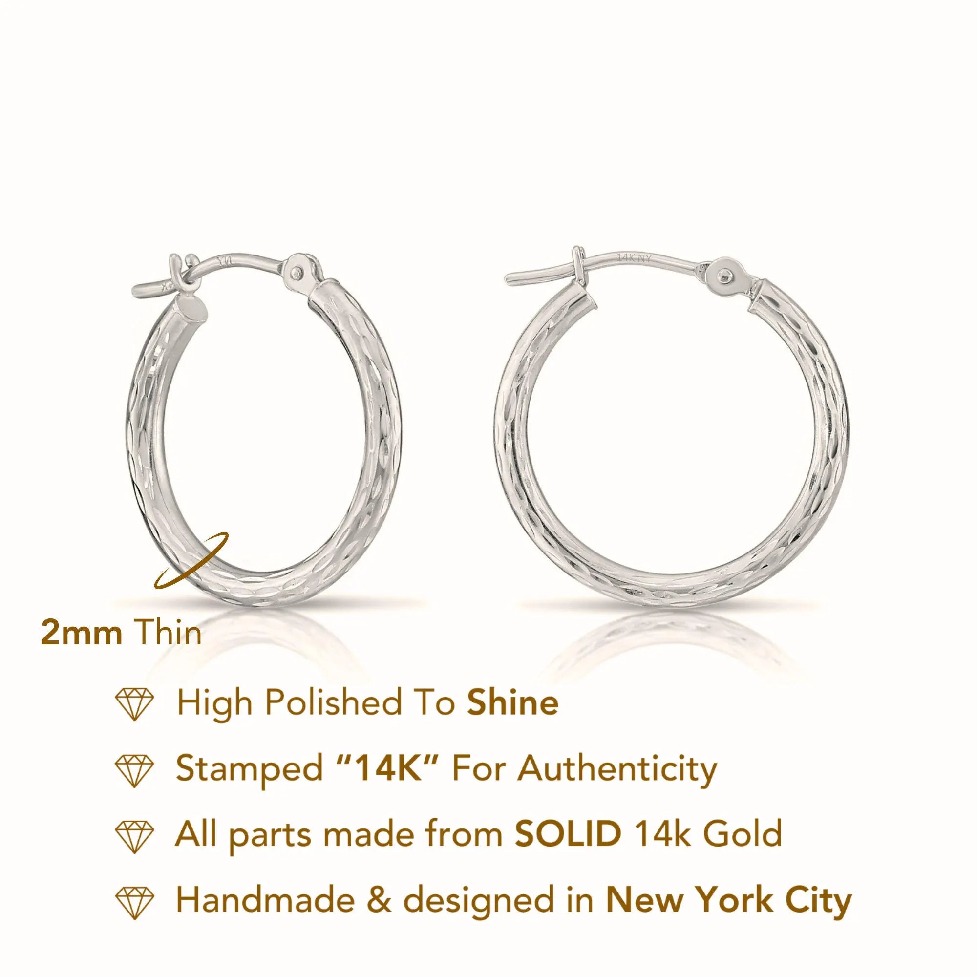 14K White Gold Classy Diamond-Cut Hoop Earrings, Hand Engraved Special Quality Hoops, Made in the USA, by TILO Jewelry