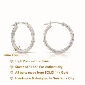 14K White Gold Classy Diamond-Cut Hoop Earrings, Hand Engraved Special Quality Hoops, Made in the USA, by TILO Jewelry