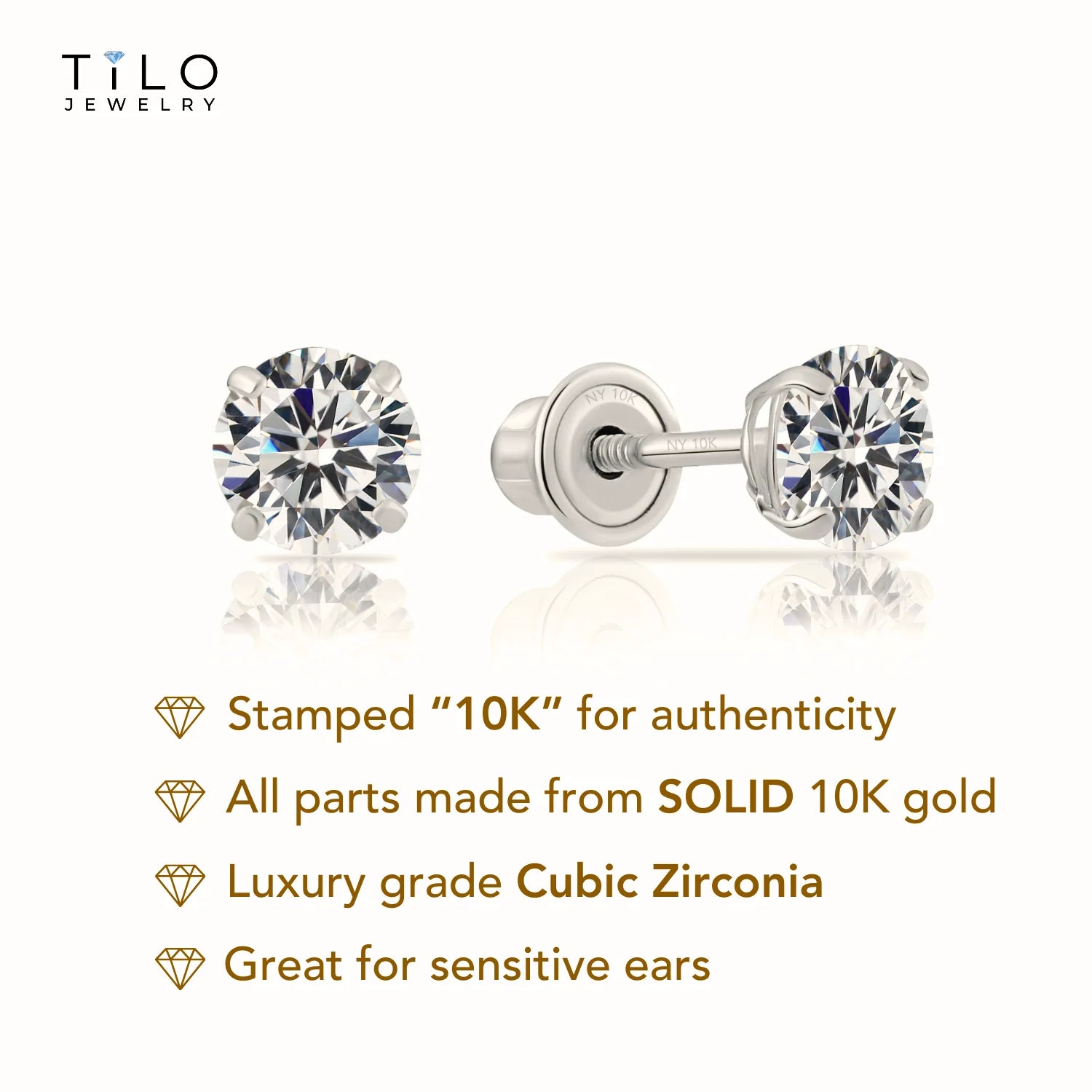 10K White Gold Solitaire Screwback Stud Earrings
