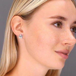 Elegant CZ Royal Crown Sterling Silver Stud Earrings.