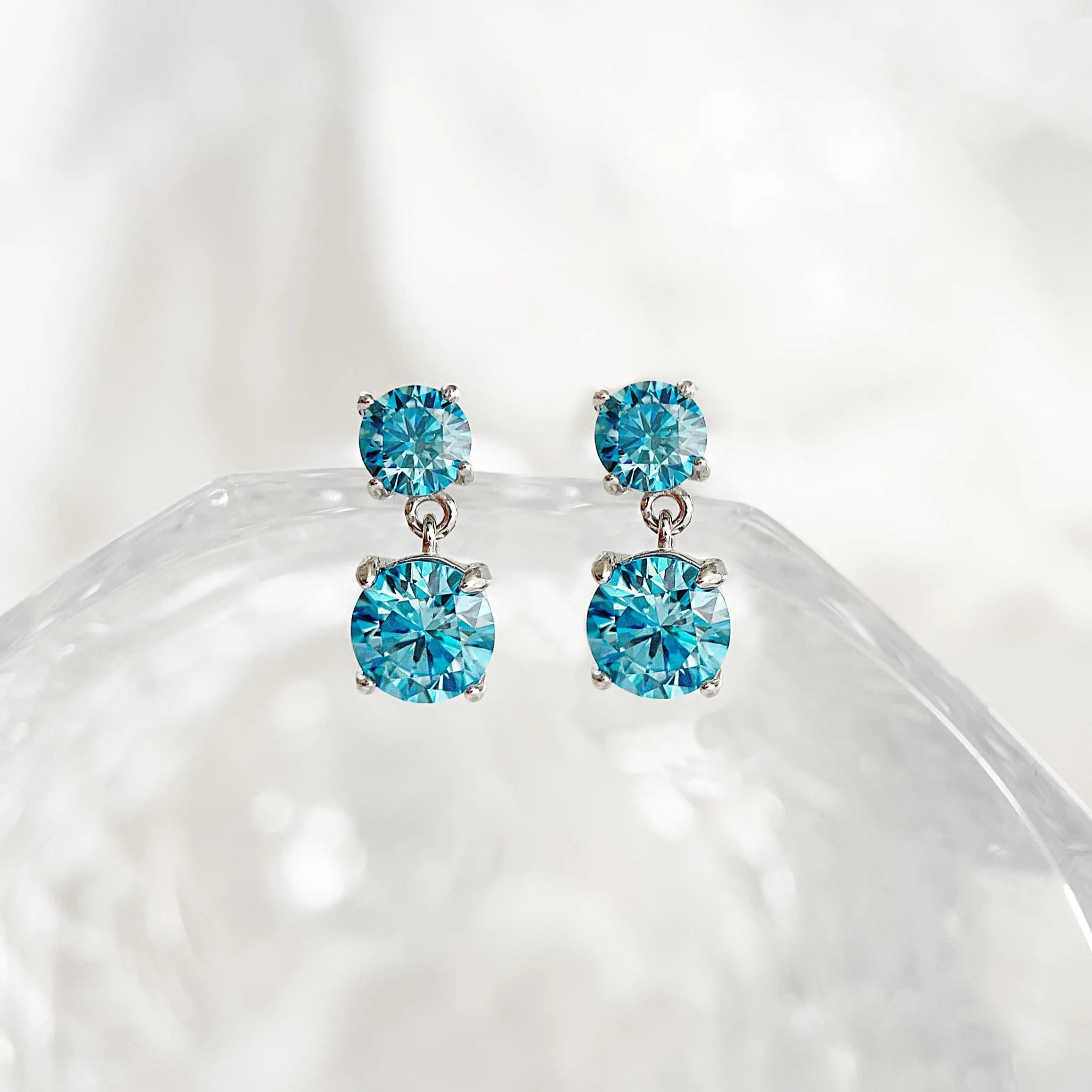 Genuine Moissanite Double Drop Earrings: Platinum Overlay Sterling Silver