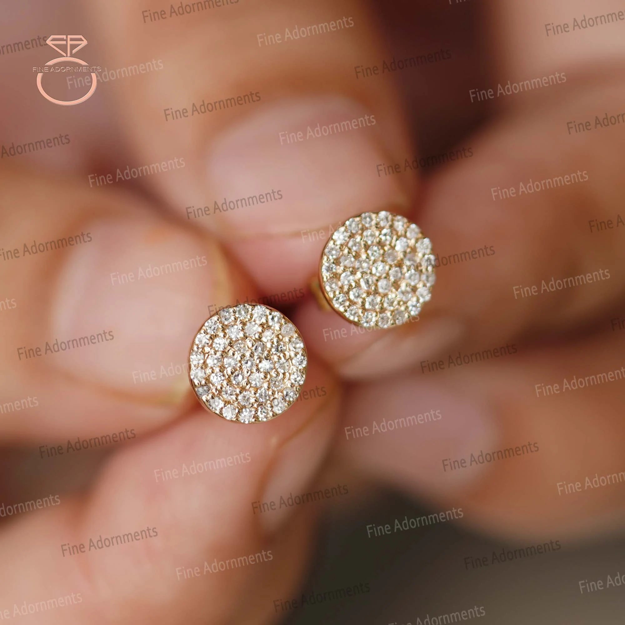 Pave Diamond 8MM Disc round Stud Earrings Solid 14K Yellow Gold Fine Jewelry Gift for Her Minimalist Earrings Pushback Jewelry New