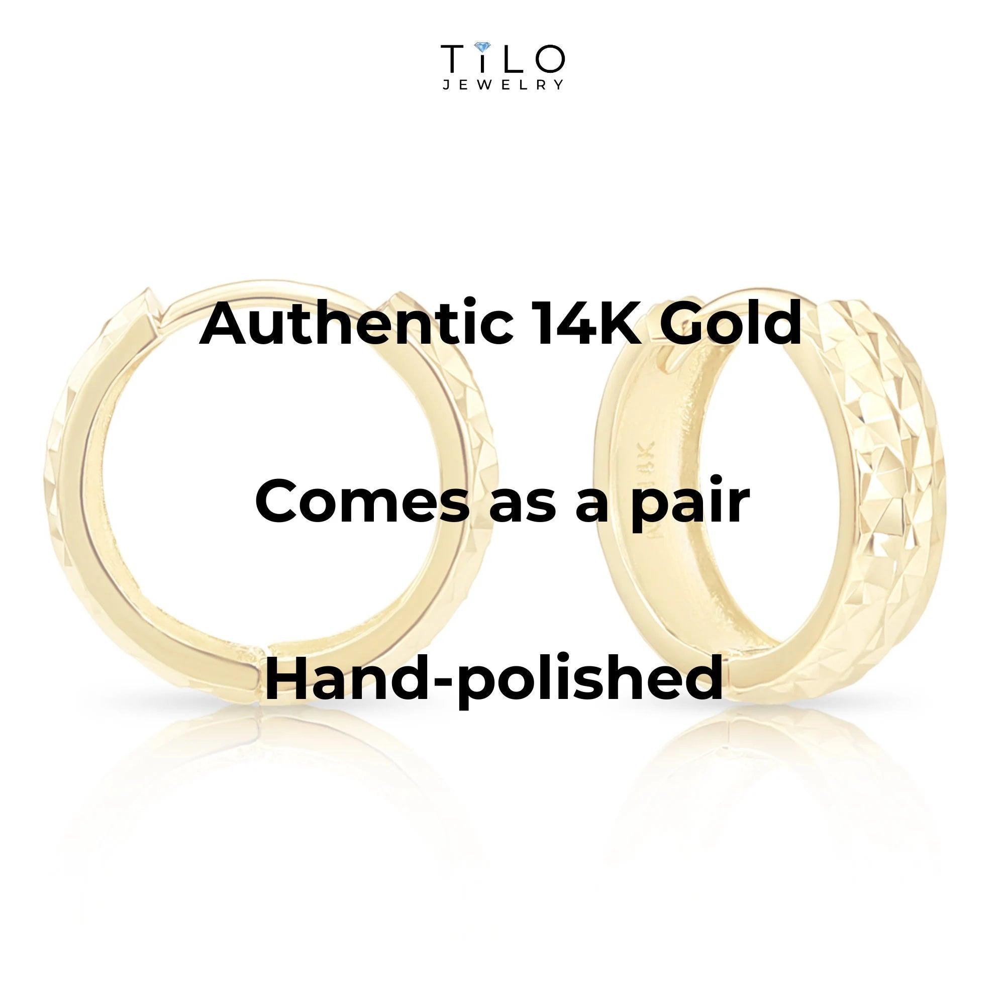 Dainty Handmade 14K Yellow Gold Hand-Engraved Huggie Earrings - 13mm (0.5 Inch).