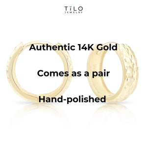 Dainty Handmade 14K Yellow Gold Hand-Engraved Huggie Earrings - 13mm (0.5 Inch).