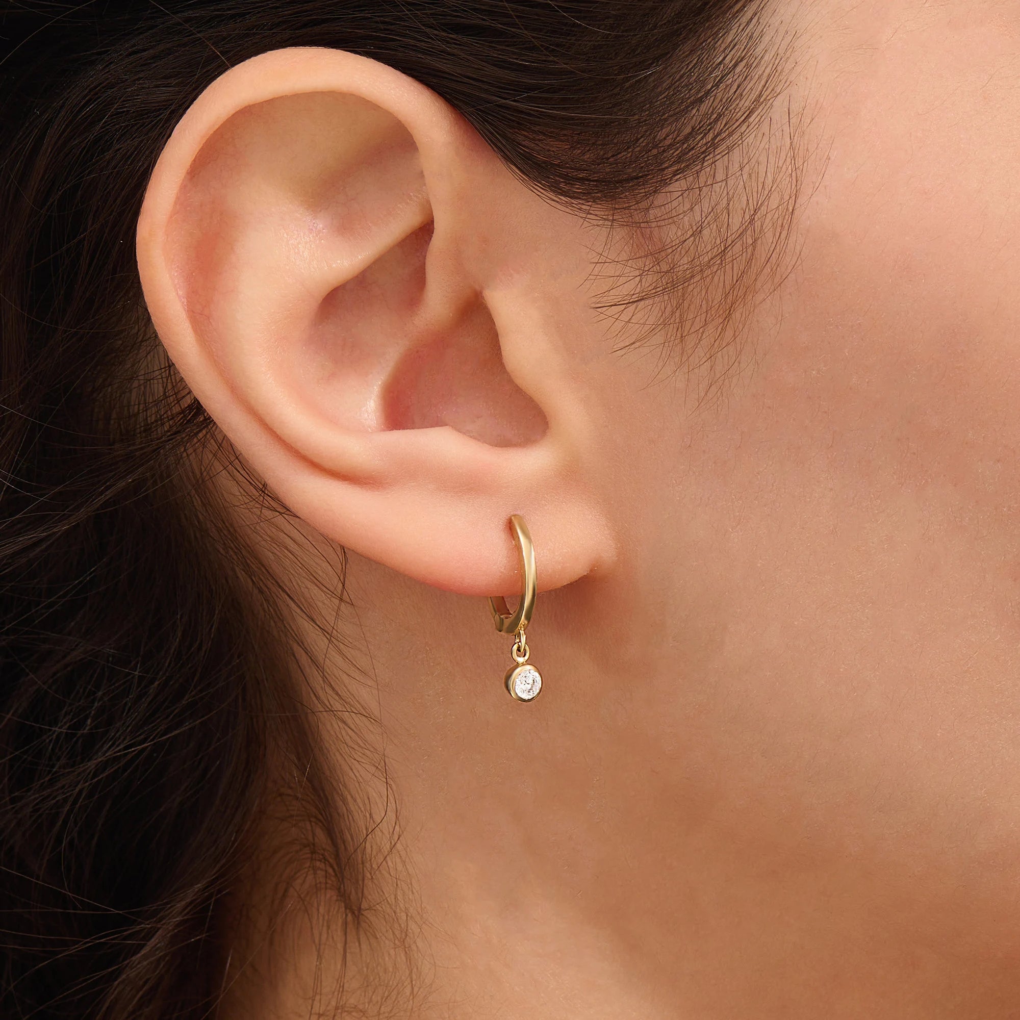 14K Solid Gold Diamond Drop Hoop Earrings, Dainty Bezel Diamond Charm Hoops, Huggie Drop Earrings for Women, Luxury Bridal Jewelry