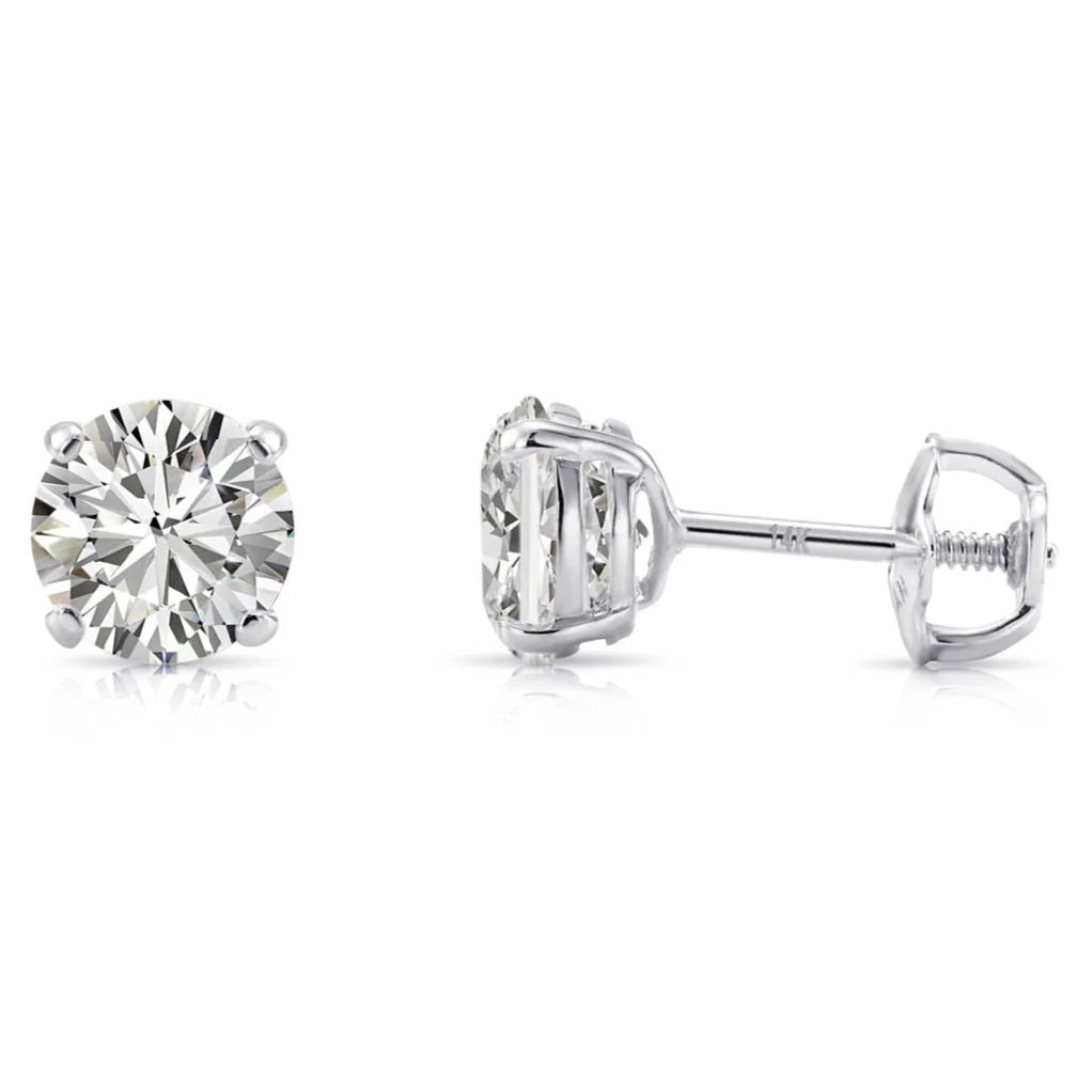 14K White Gold Classic Solitaire Simulated Diamond Studs, Screwback