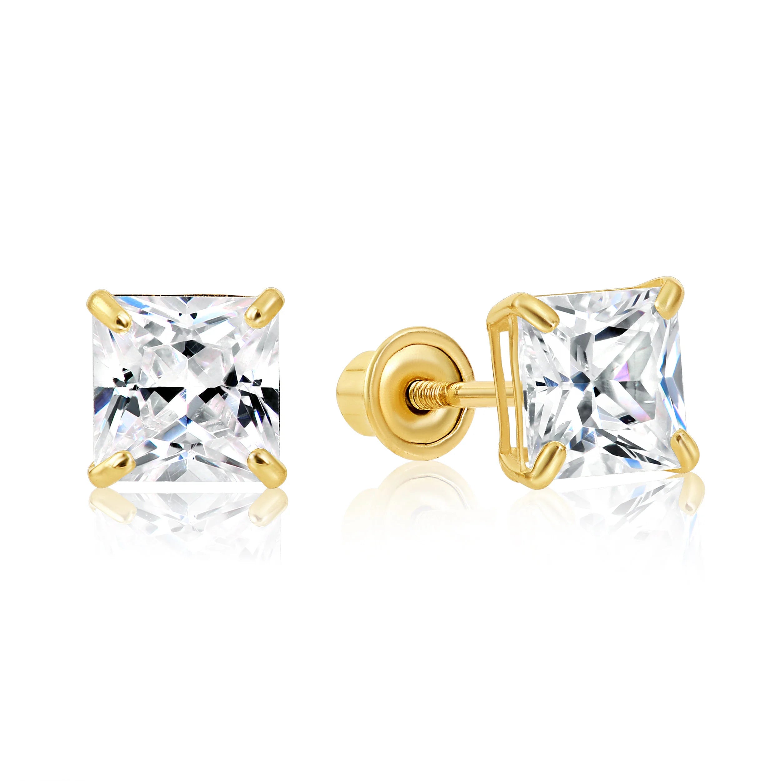 14K Yellow Gold Square Zirconia Stud Earrings, Screwback