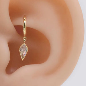 14K Solid Gold Dangle Charm Hoop Earring Dainty Drop Earring Dangle Rhombus Oval Dangling Charm Clicker Dangle Earring Cartilage Hoop 16G