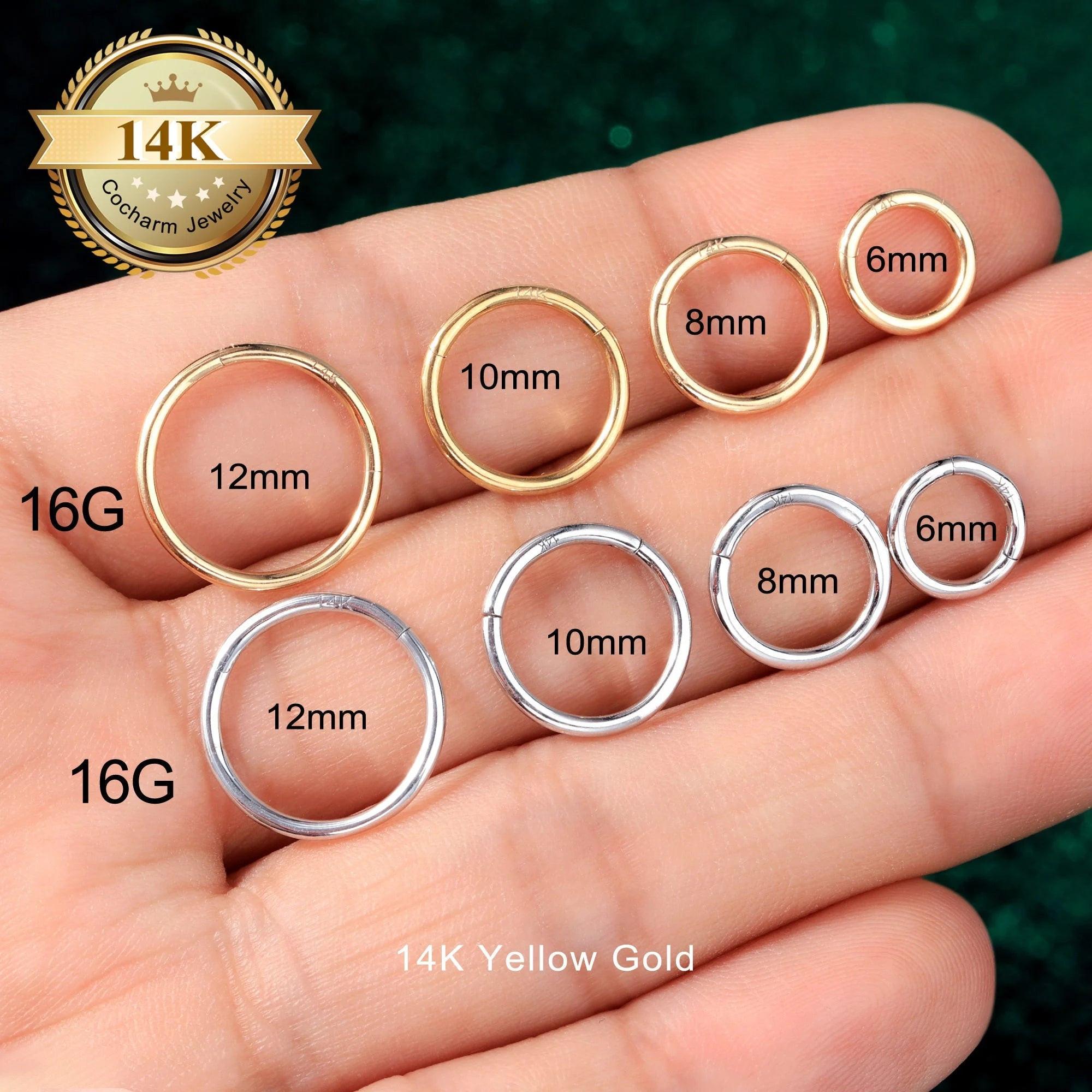 14K Solid Gold Clicker Hoop Earring - 16G Elegant Cartilage Helix Conch Nose Daith Huggie Hoop.