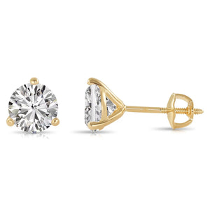 14K Yellow Gold Lab Diamond Stud Earrings, CVD Brilliant-Cut Diamond Studs, Martini 3-Prong Set Studs, with Secure Screwbacks, by TILO