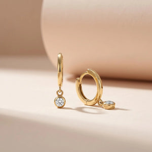 14K Solid Gold Diamond Drop Hoop Earrings, Dainty Bezel Diamond Charm Hoops, Huggie Drop Earrings for Women, Luxury Bridal Jewelry