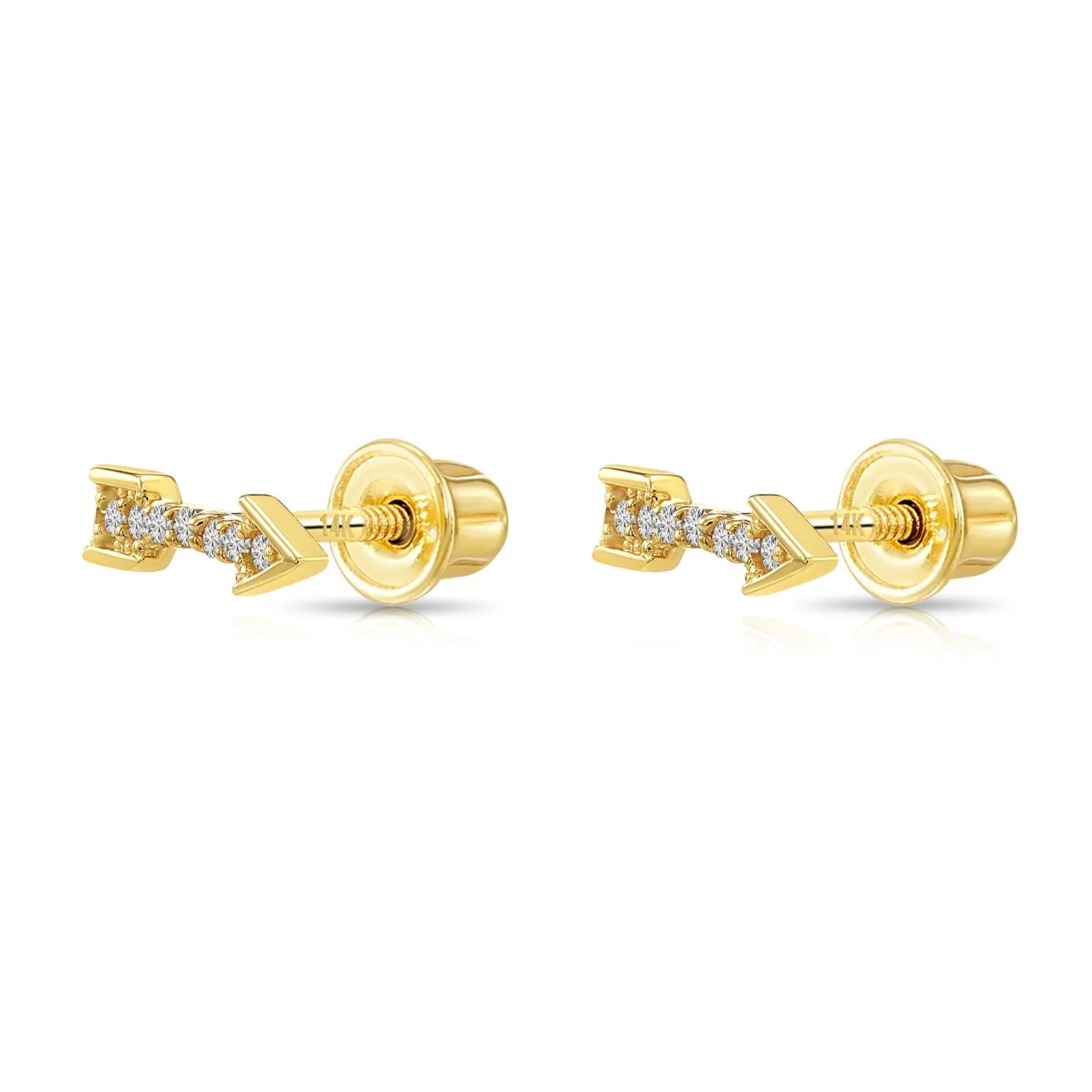 14K Solid Yellow Gold Tiny CZ Arrow Studs, with Screw on Screwbacks