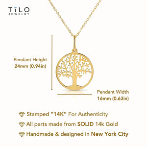 Elegant 14K Yellow Gold Tree of Life Pendant Necklace - 18" Chain Included.