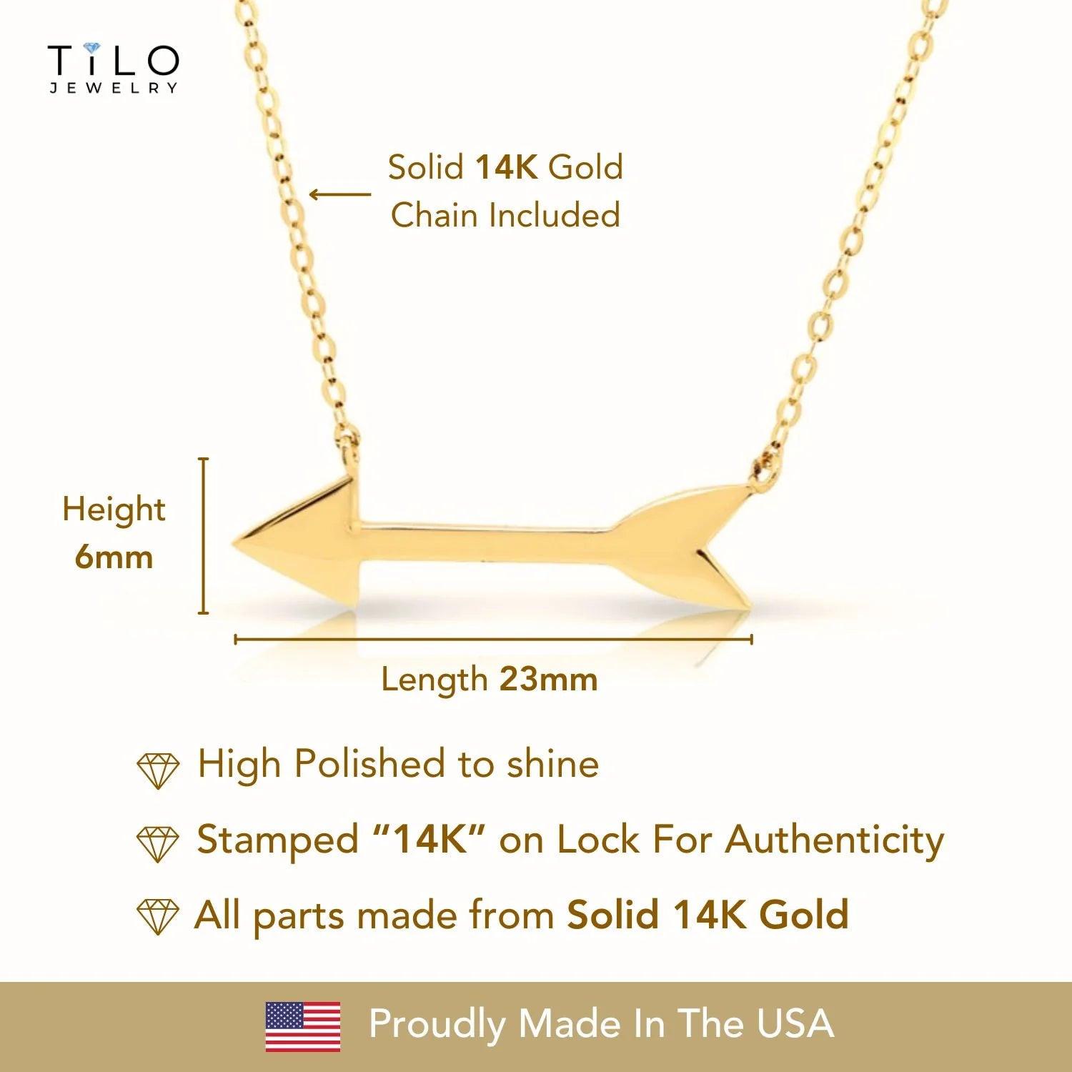 Elegant 14K Solid Yellow Gold Adjustable Arrow Pendant Necklace - Perfect 16"-18" Length.