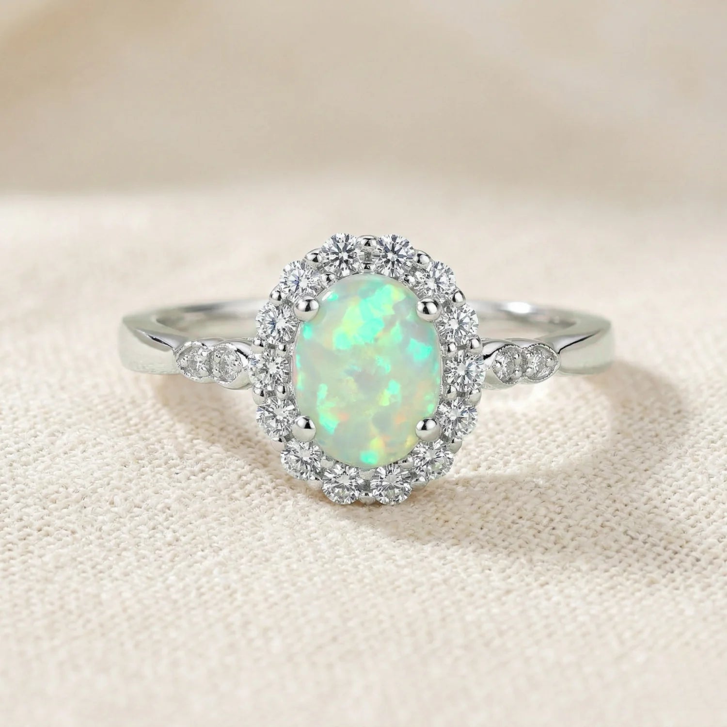 Sterling Silver Fire Opal Oval Ring, with CZ Halo